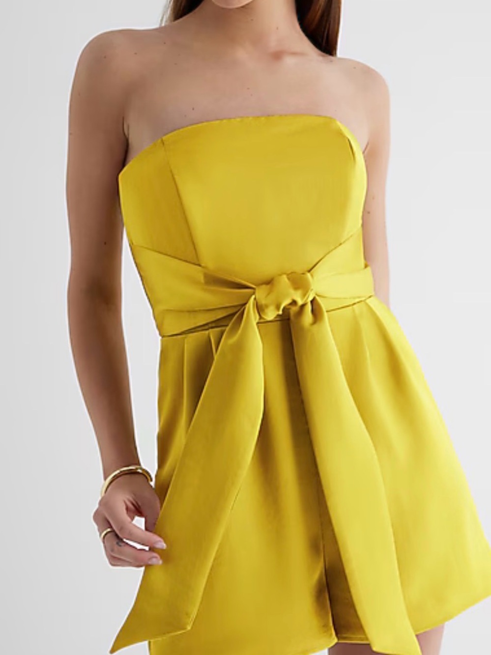Yellow/ Avocado Green Express - Strapless Satin Romper with tie-waist